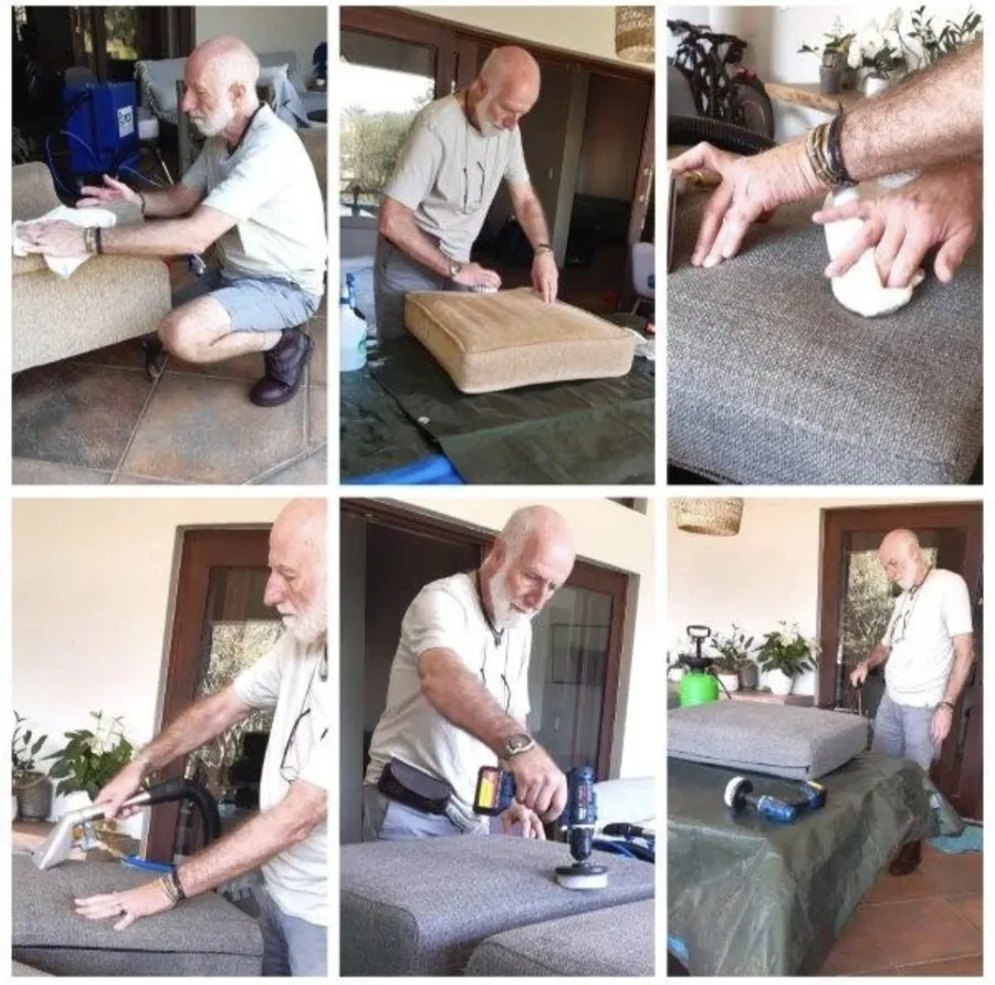 Matthys Ferreira, owner of Next Step Carpet & Upholstery Care, personally deep-cleaning a couch cushion by hand
